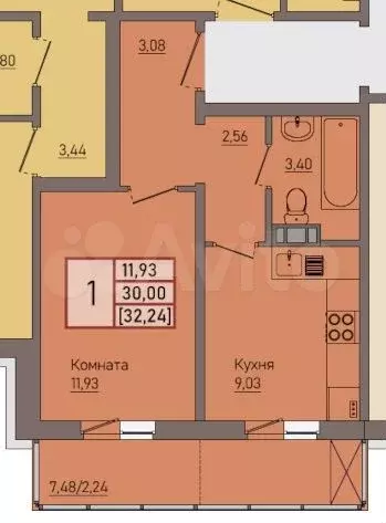 1-к. квартира, 32 м, 5/11 эт. - Фото 0