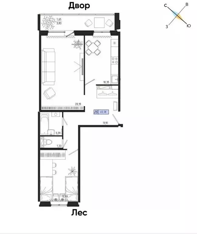 2-комнатная квартира: Томск, Иркутский тракт, 185Б (63.36 м) - Фото 0