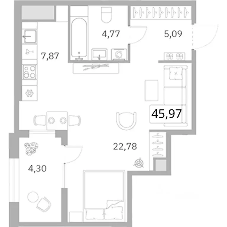 Студия Санкт-Петербург Заставская ул., 30 (45.97 м) - Фото 1