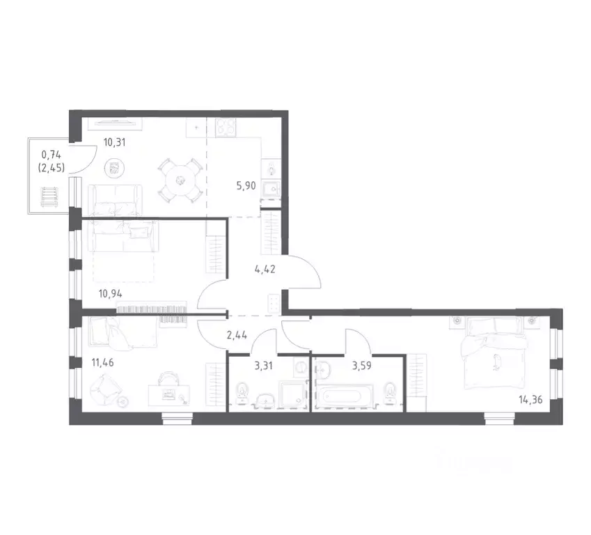 3-к кв. Башкортостан, Уфа ул. Рашита Манурова (67.47 м) - Фото 1