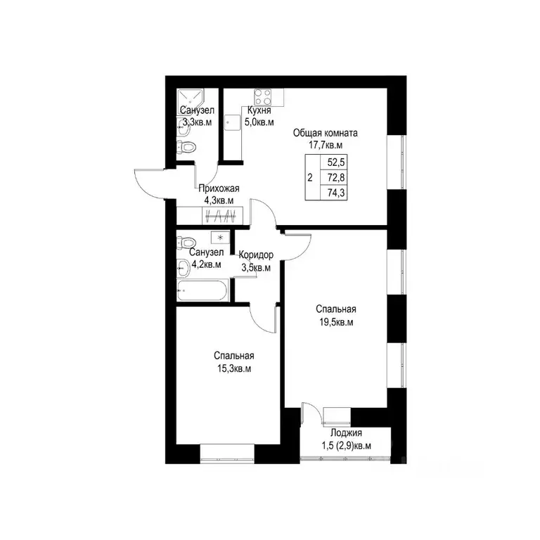 2-к кв. Татарстан, Альметьевск  (74.3 м) - Фото 1