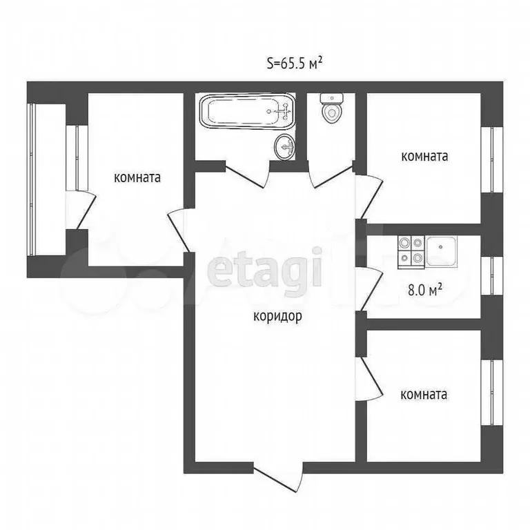 3-к. квартира, 64 м, 3/9 эт. - Фото 0