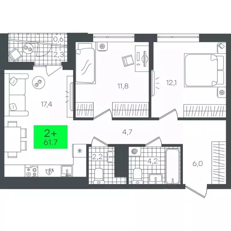 2-к кв. Тюменская область, Тюмень ул. Николая Глебова, 10 (61.73 м) - Фото 0