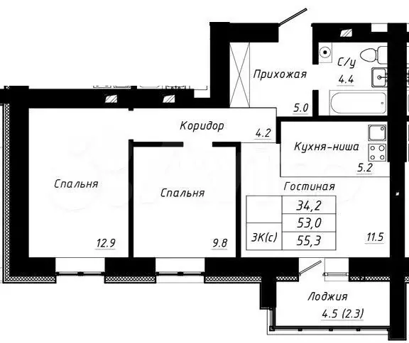 3-к. квартира, 55,3 м, 6/10 эт. - Фото 1