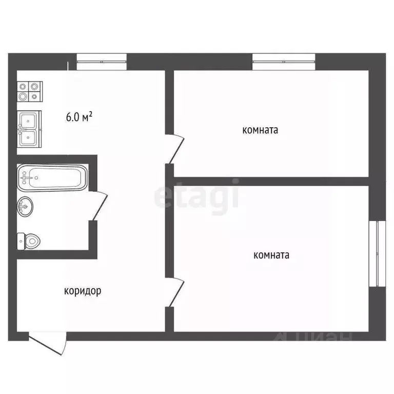 Квартира, 2 комнаты, 44.1 м - Фото 1