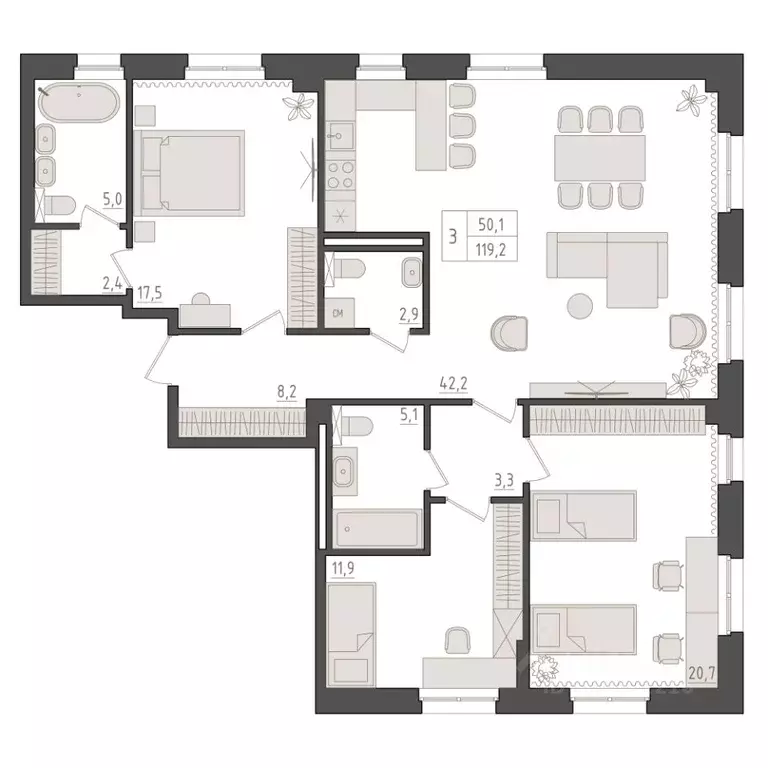 3-к кв. Башкортостан, Уфа 563-й кв-л,  (119.2 м) - Фото 0