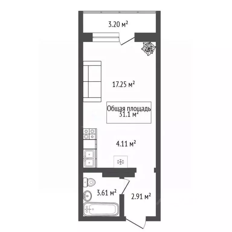 Студия Новосибирская область, Новосибирск ул. Фадеева, 66/4 (31.1 м) - Фото 1
