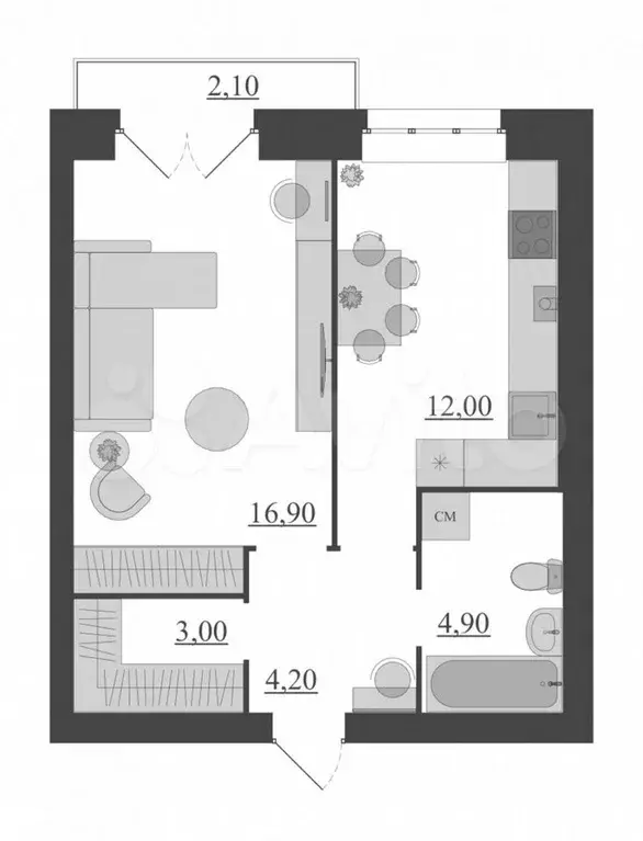1-к. квартира, 43,1 м, 6/6 эт. - Фото 1