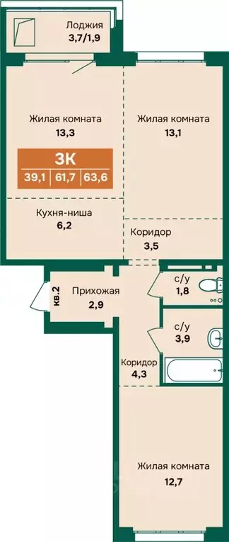 3-к кв. Алтайский край, Барнаул Камчатка жилой комплекс (63.6 м) - Фото 1