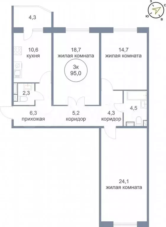 3-к. квартира, 95м, 13/21эт. - Фото 0