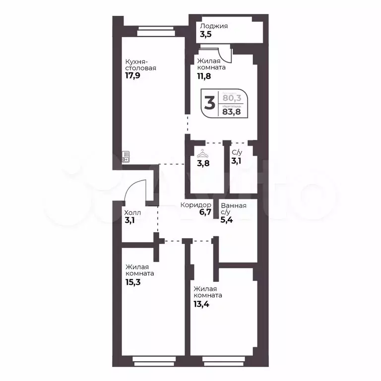 3-к. квартира, 80,3 м, 6/9 эт. - Фото 0
