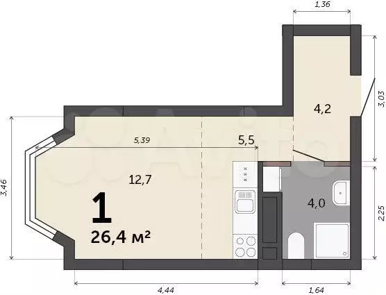 Квартира-студия, 26,4 м, 3/23 эт. - Фото 0