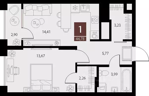 1-к кв. Рязанская область, Рязань ул. Бирюзова, 20с1 (44.78 м) - Фото 1