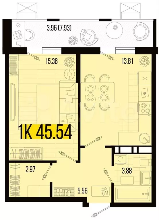 1-к. квартира, 45,5 м, 3/8 эт. - Фото 0