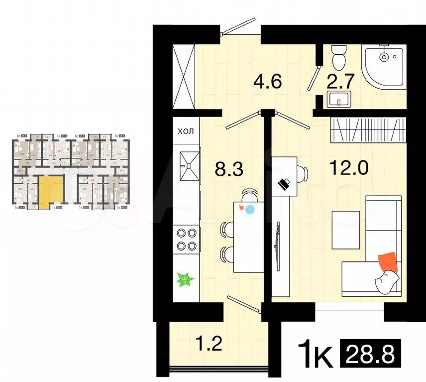 1-к. квартира, 28,8 м, 2/4 эт. - Фото 0