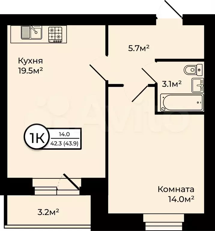 1-к. квартира, 43,9 м, 5/6 эт. - Фото 0