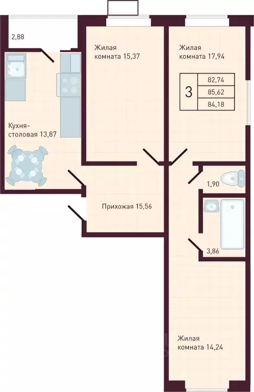 3-к кв. Чувашия, Новочебоксарск Советская ул., поз1 (84.18 м) - Фото 1
