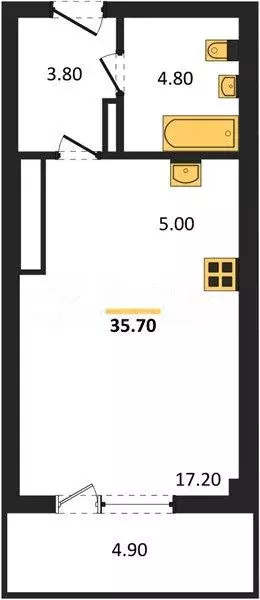 Квартира-студия, 35,7 м, 13/16 эт. - Фото 1