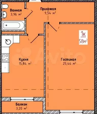 1-к. квартира, 58,8 м, 5/8 эт. - Фото 0