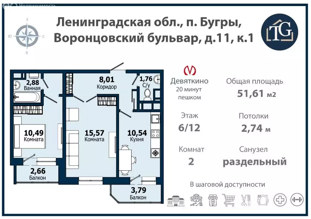 2-комнатная квартира: Бугры, Воронцовский бульвар, 11к1 (51.61 м) - Фото 1