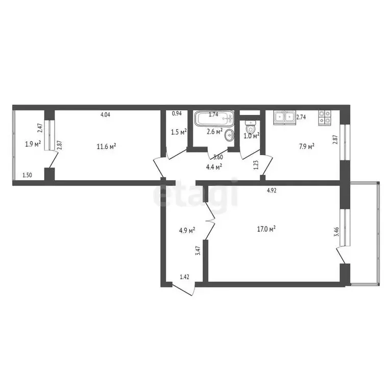 1к в 2-комнатной квартире (17 м) - Фото 1