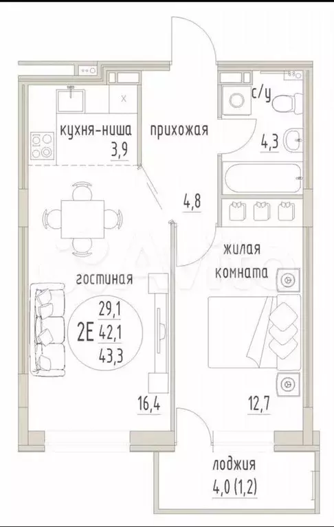 1-к. квартира, 43 м, 9/10 эт. - Фото 0