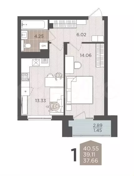 1-к. квартира, 40,6 м, 1/9 эт. - Фото 0