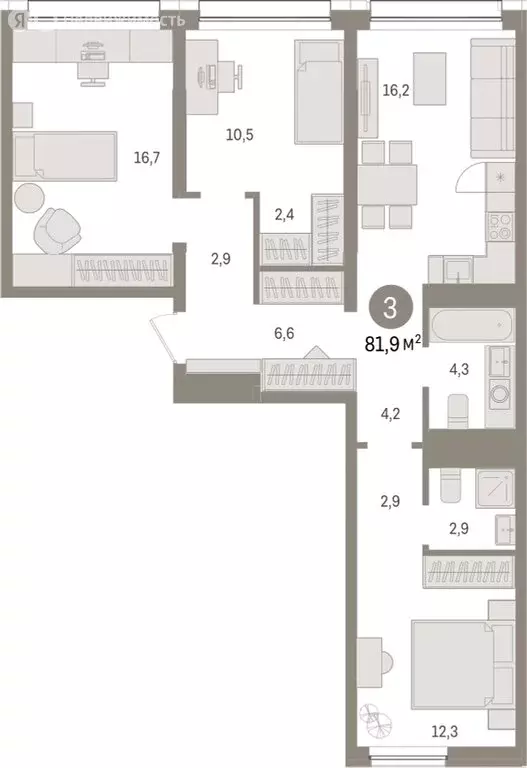 3-комнатная квартира: Тюмень, Мысовская улица, 26к1 (81.93 м) - Фото 0