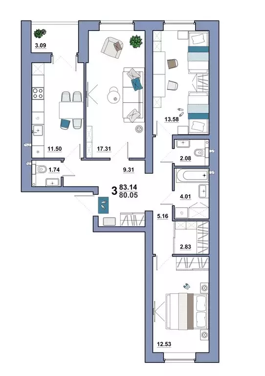 3-комнатная квартира: Энгельс, жилой комплекс Премьера (83.14 м) - Фото 0