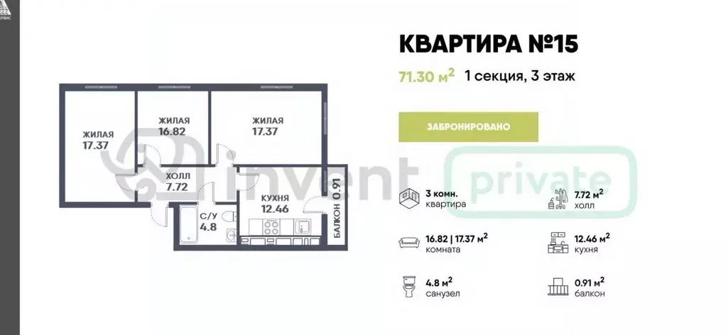 3-к кв. Калининградская область, Гурьевск Фабричная ул., 4А (72.6 м) - Фото 1