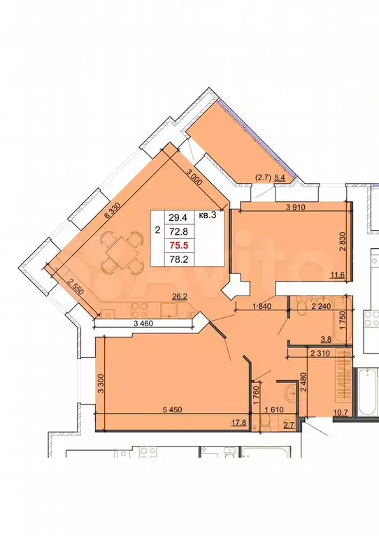 2-к. квартира, 75,5 м, 2/9 эт. - Фото 1