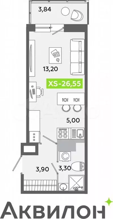 Квартира-студия, 26,6 м, 10/12 эт. - Фото 1