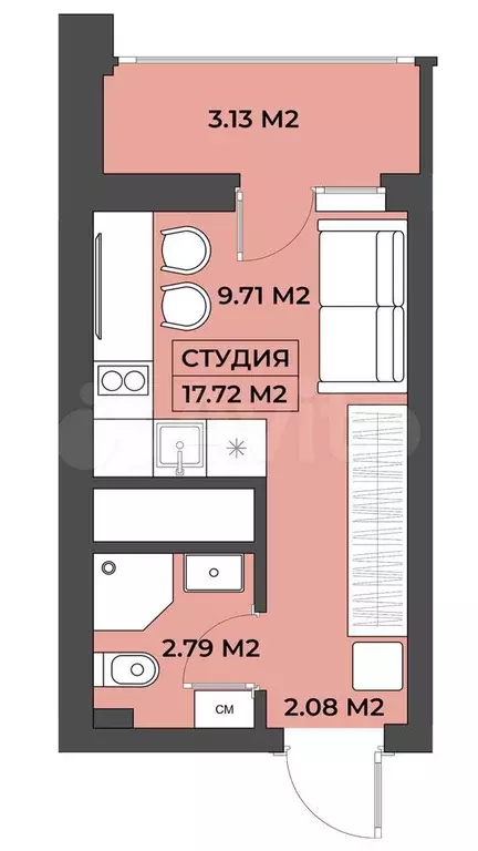 Апартаменты-студия, 17,7 м, 2/19 эт. - Фото 0