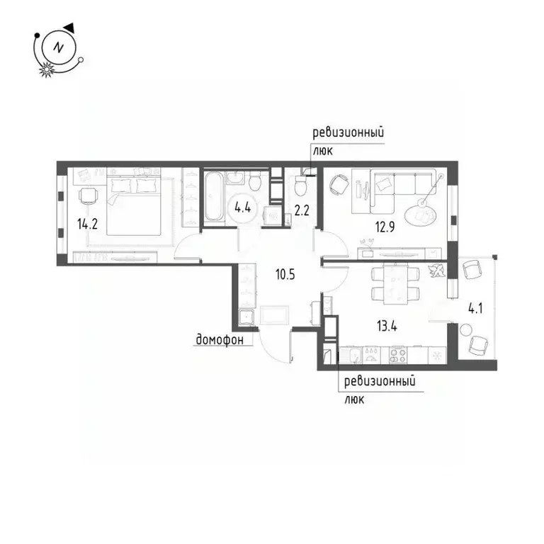 Квартира, 2 комнаты, 59.6 м - Фото 1