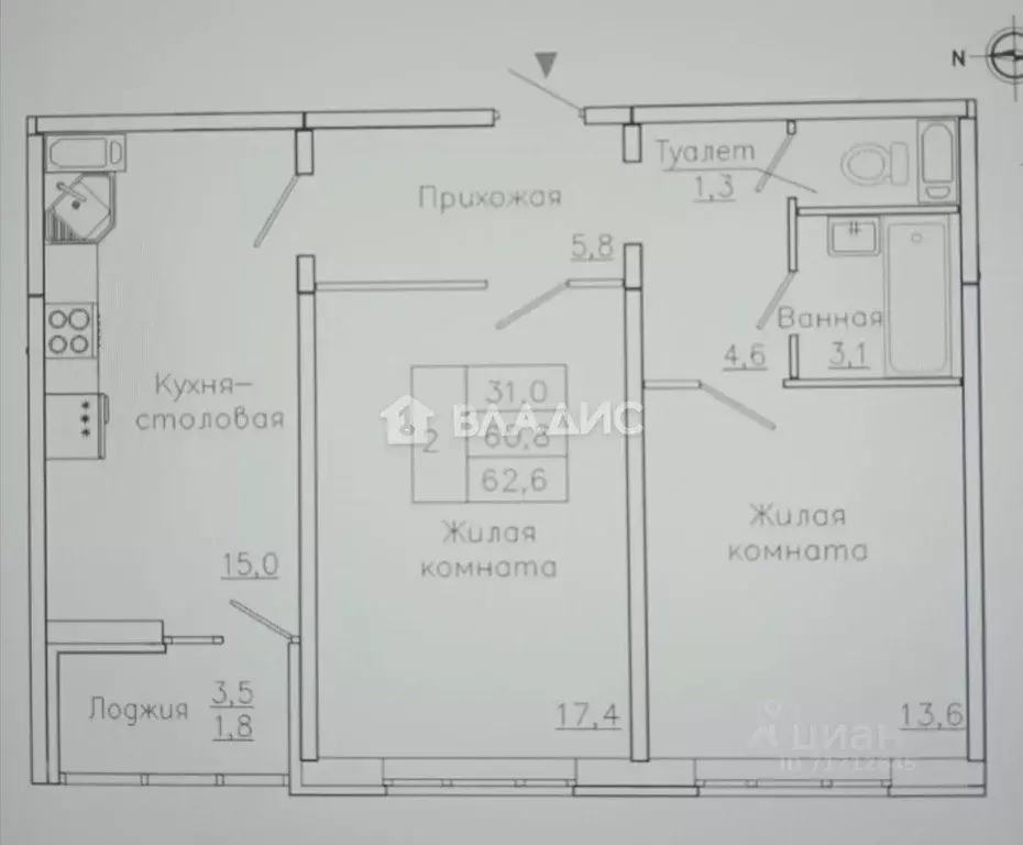 2-к кв. Воронежская область, Воронеж ул. Федора Тютчева, 105 (62.6 м) - Фото 2