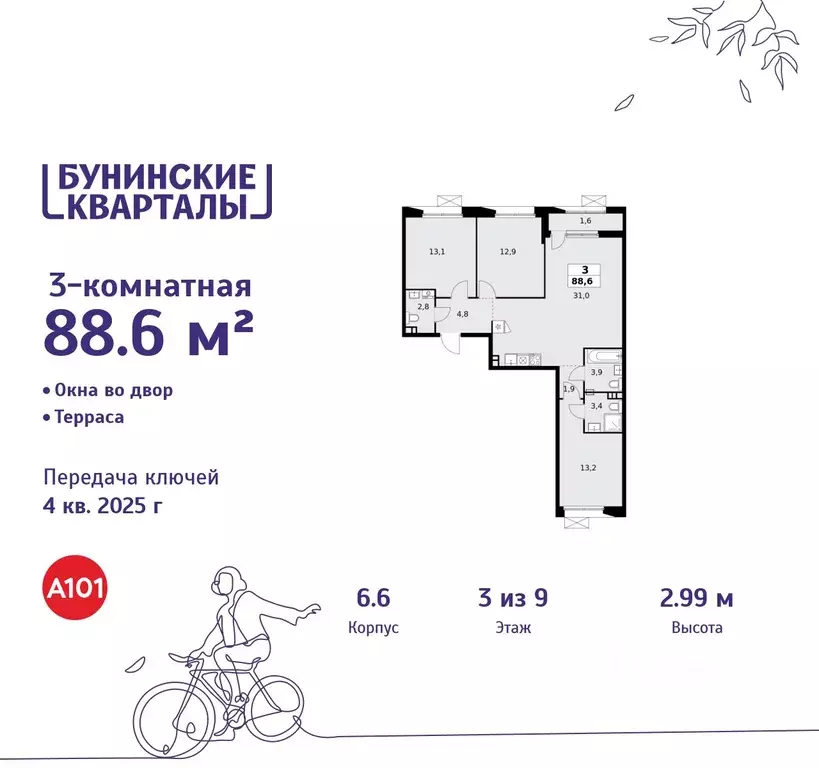 3-к кв. Москва Бунинские Кварталы жилой комплекс, 6.1 (88.6 м) - Фото 0