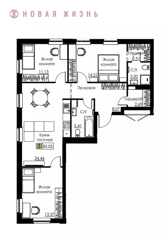 3-к кв. Самарская область, Самара Спортивная ул. (85.1 м) - Фото 1