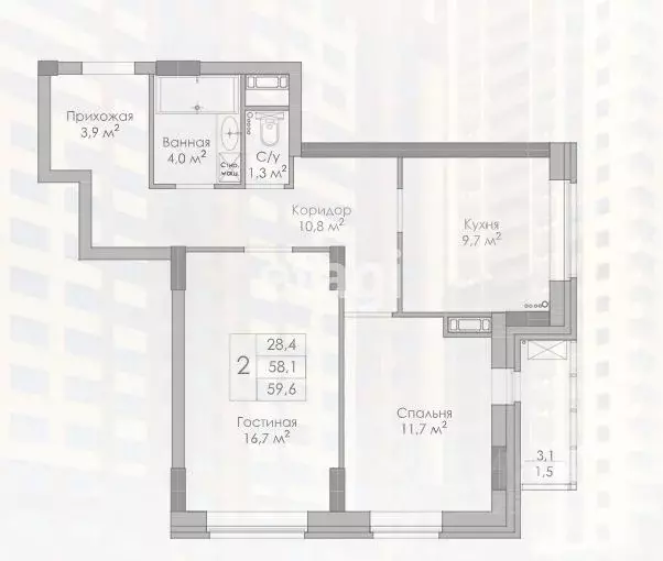 2-к кв. Липецкая область, Липецк Московская ул., 159к2 (60.0 м) - Фото 2