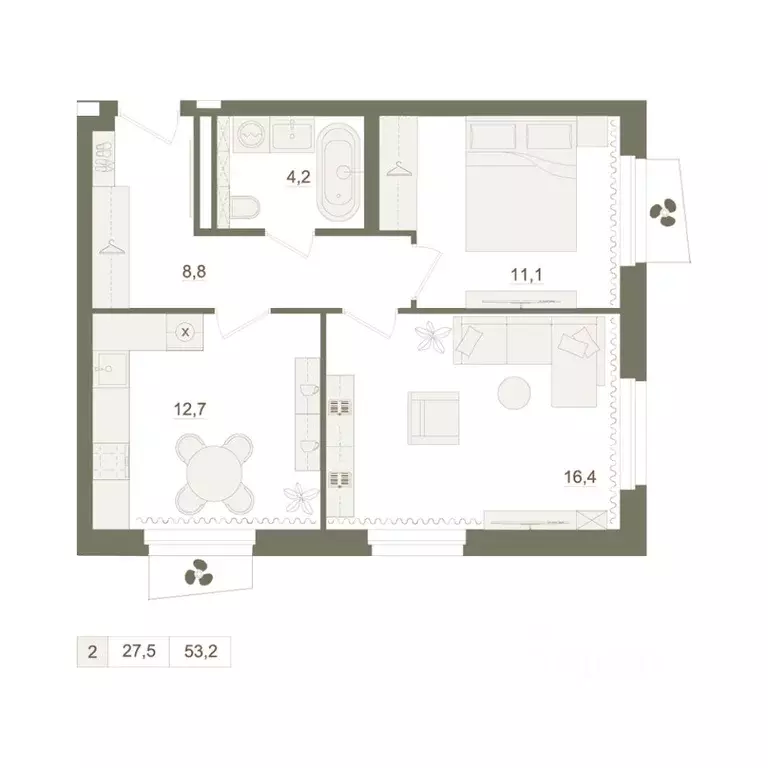 2-к кв. Башкортостан, Уфа Родина Парк жилой комплекс (53.2 м) - Фото 1