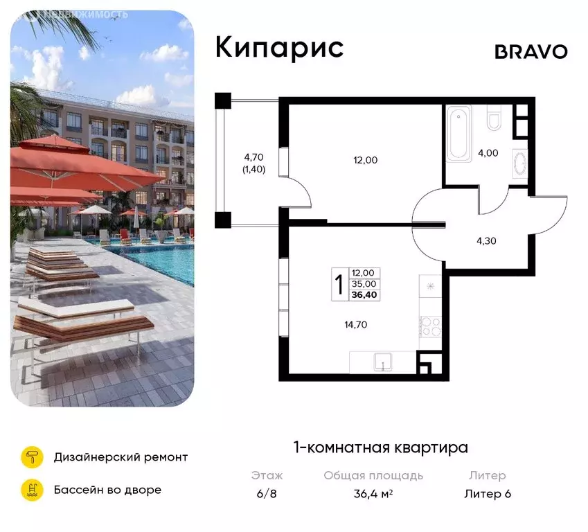 1-комнатная квартира: Сукко, жилой комплекс Кипарис (36.4 м) - Фото 1