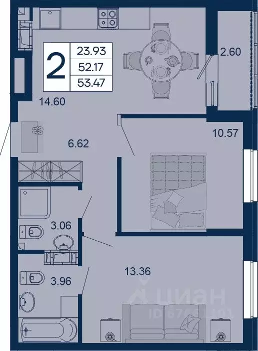 2-к кв. Краснодарский край, Краснодар  (53.47 м) - Фото 1