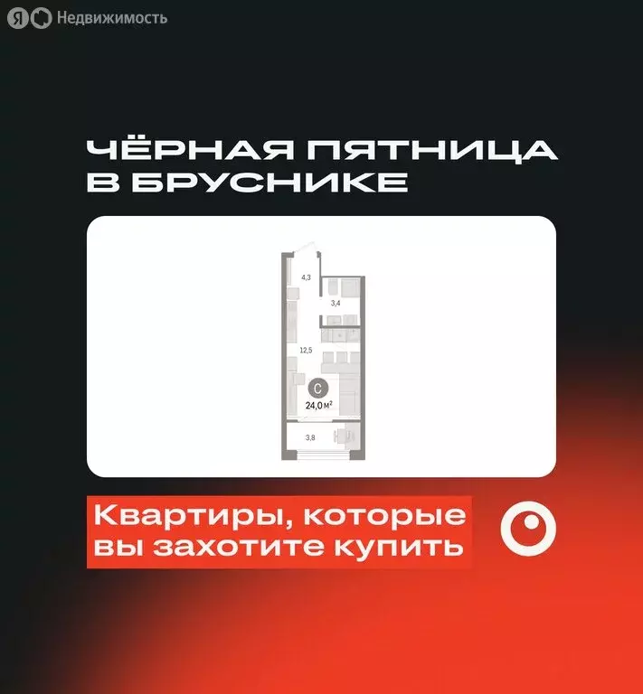 Квартира-студия: Тюмень, Краснооктябрьская улица, 4к3 (23.97 м) - Фото 1