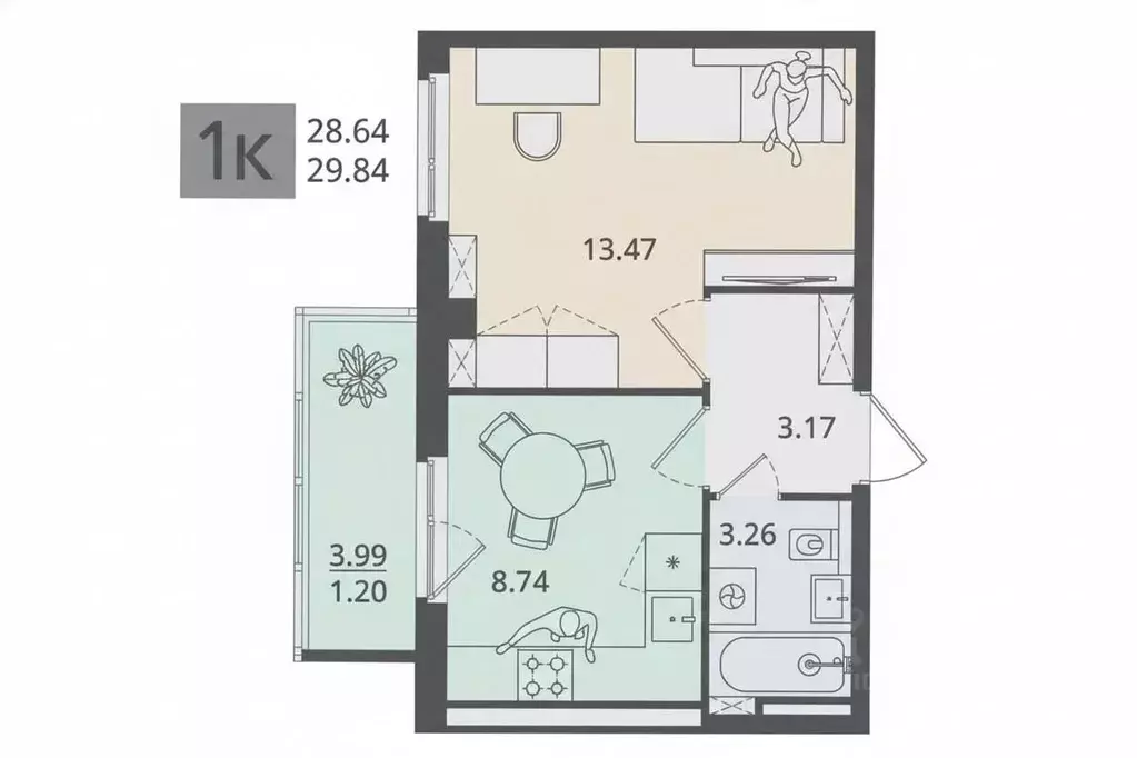 1-к кв. Архангельская область, Архангельск ул. Октябрят, 30к2 (29.84 ... - Фото 2