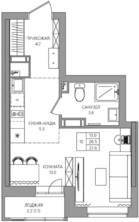 Студия Пермский край, Пермь Батумская ул., 21 (27.6 м) - Фото 1