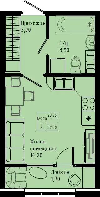 Квартира-студия: Коммунар, Железнодорожная улица, 41к3 (23.7 м) - Фото 1