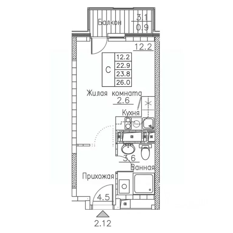 1-к кв. Приморский край, Владивосток ул. Расула Гамзатова, 7к1 (26.0 ... - Фото 1