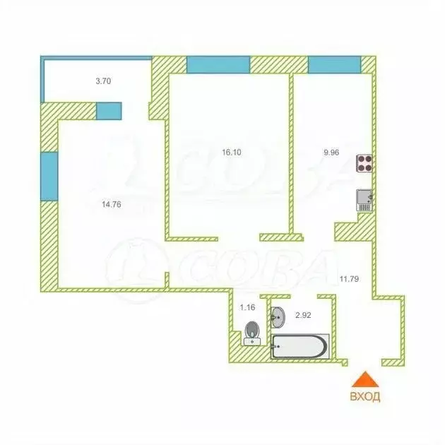 2-к кв. Тюменская область, Тюмень ул. Раушана Абдуллина, 6к1 (54.7 м) - Фото 2