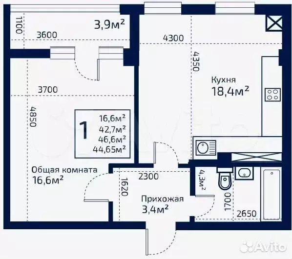 1-к. квартира, 44,7 м, 3/9 эт. - Фото 0