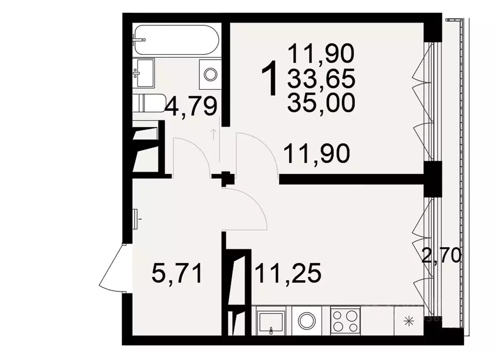 1-к кв. Тульская область, Тула Одоевское ш., 73Б (33.65 м) - Фото 1