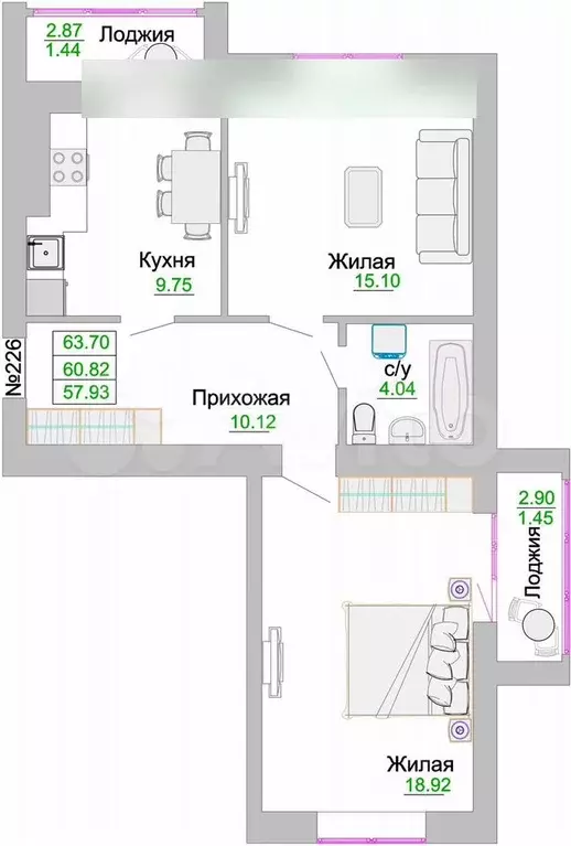 2-к. квартира, 60,8 м, 1/9 эт. - Фото 1